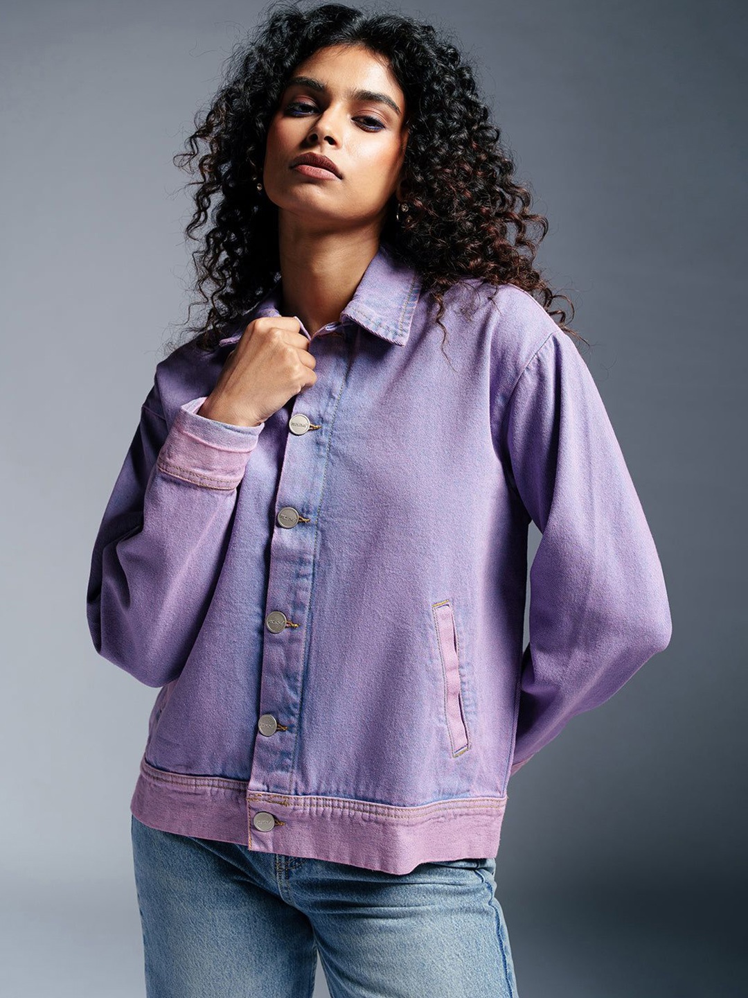 

FREAKINS Women Spread Collar Washed Solid Casual Denim Jacket, Purple