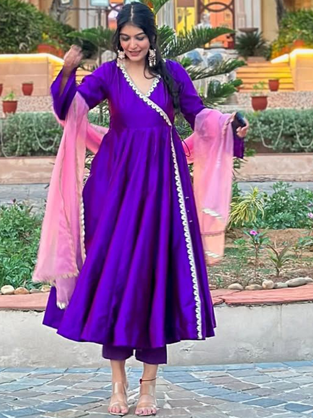 

KALINI Women Angrakha Kurta with Trousers & With Dupatta, Purple