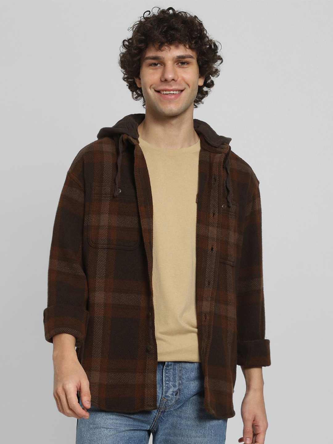 

AMERICAN EAGLE OUTFITTERS Men Checked Hooded Sweatshirt, Brown