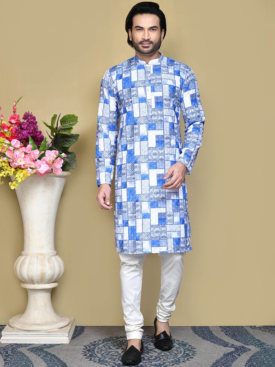 

RANAK Geometric Printed Mandarin Collar Long Sleeves Regular Pure Cotton Straight Kurta, Blue