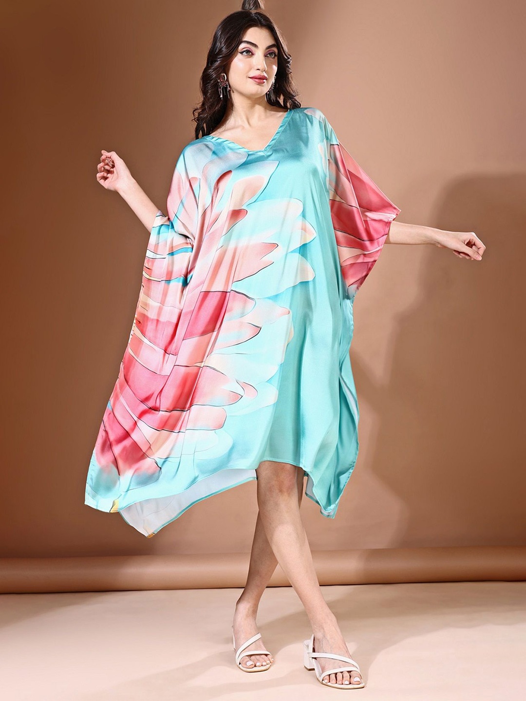 

LABEL AARNA Women Blue Blossom Soft Satin Short Kaftan