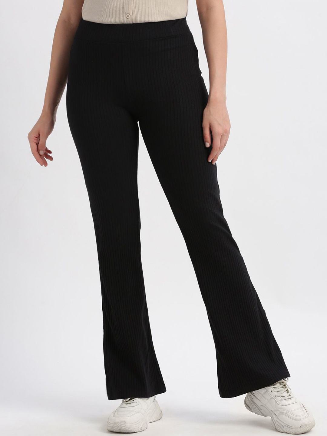 

Grit and Flair Women Flared High-Rise Trousers, Black