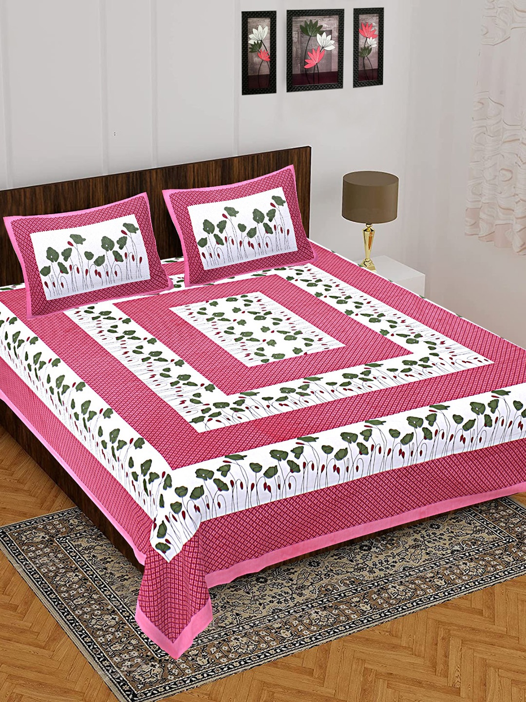 

UNIBLISS Pink & White Floral 144 TC Cotton Queen Bedsheet with 2 Pillow Covers
