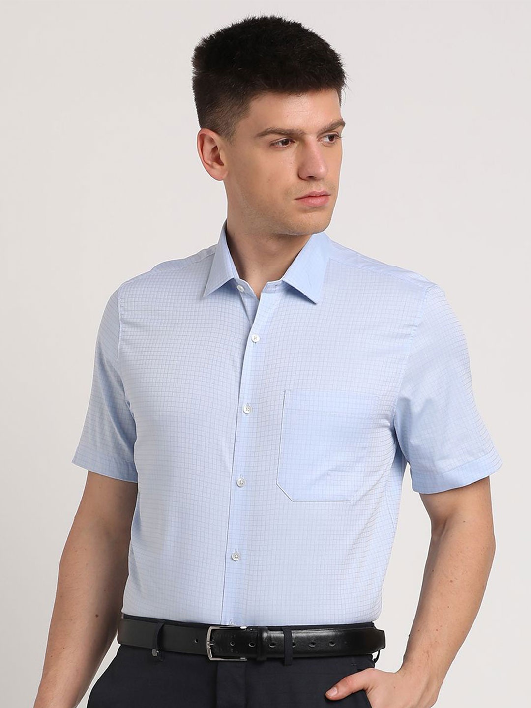 

Turtle Men Standard Spread Collar Checked Cotton Formal Shirt, Blue