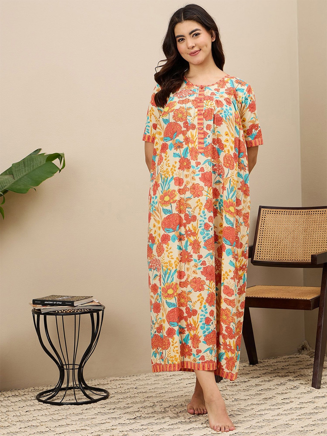 

ETC Women Floral Printed Pure Cotton Maxi Nightdress, Orange