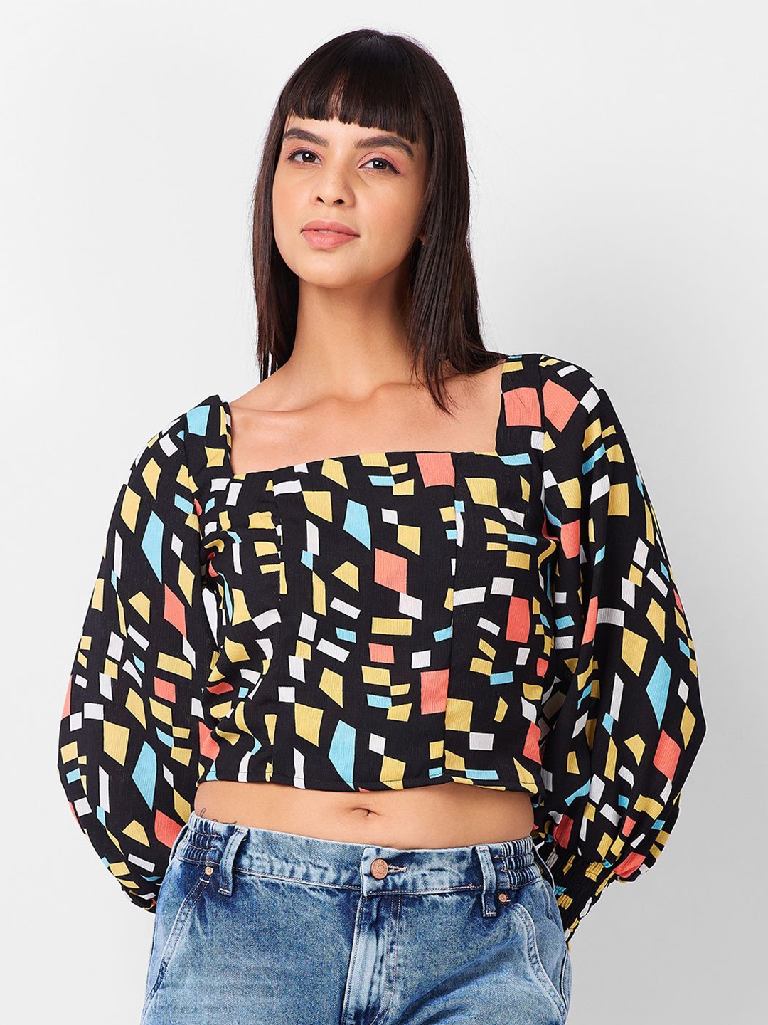 

IZEL Geometric Print Bishop Sleeves Crop Top, Black