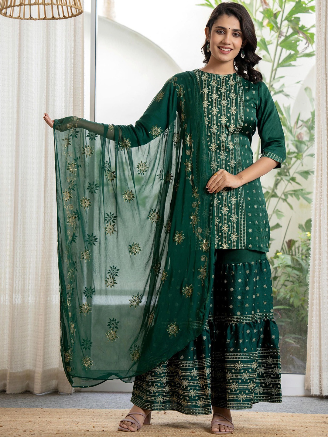 

Juniper Women Green Mono Viscose Tunic Sharara & Dupatta Set with Thread Work