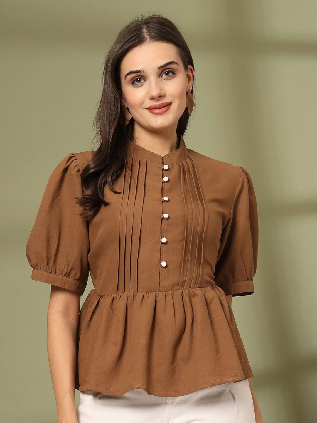 

plusS Women Mandarin Collar Cotton Peplum Top, Brown