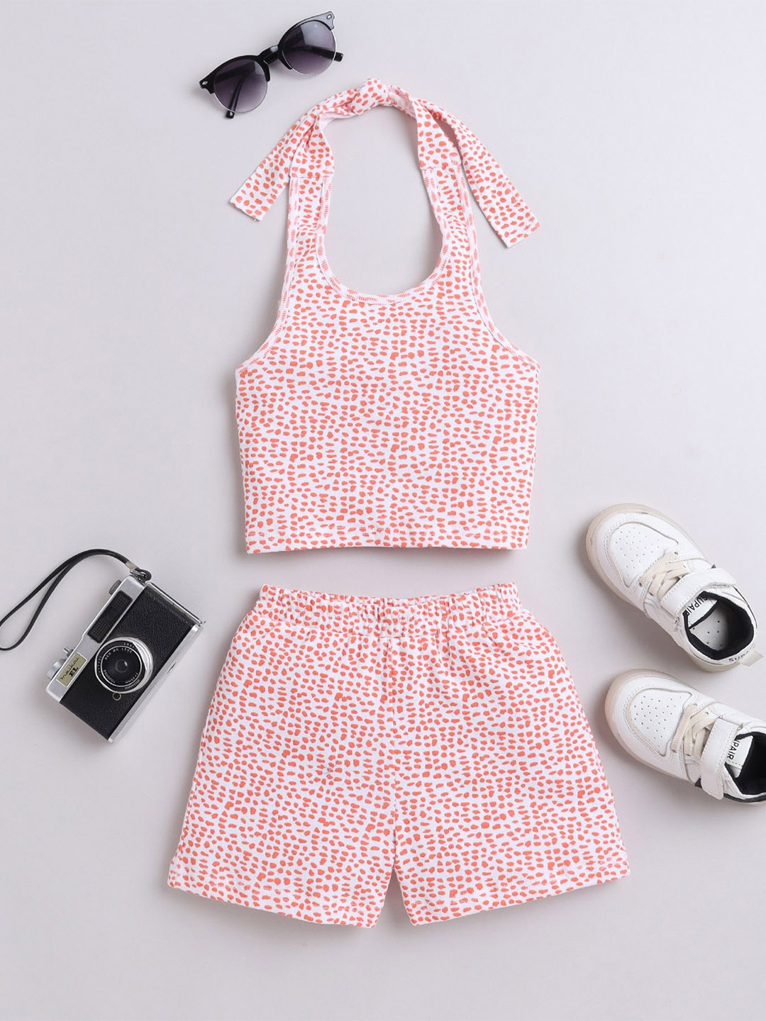 

taffykids Girls Polka Dots Printed Halter Neck Pure Cotton Crop Top with Skirt, Orange