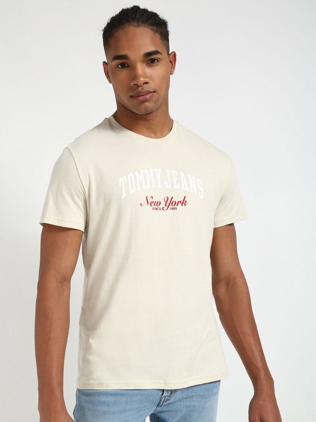 

Tommy Hilfiger Men Typography Printed Slim Fit Pure Cotton T-shirt, Beige