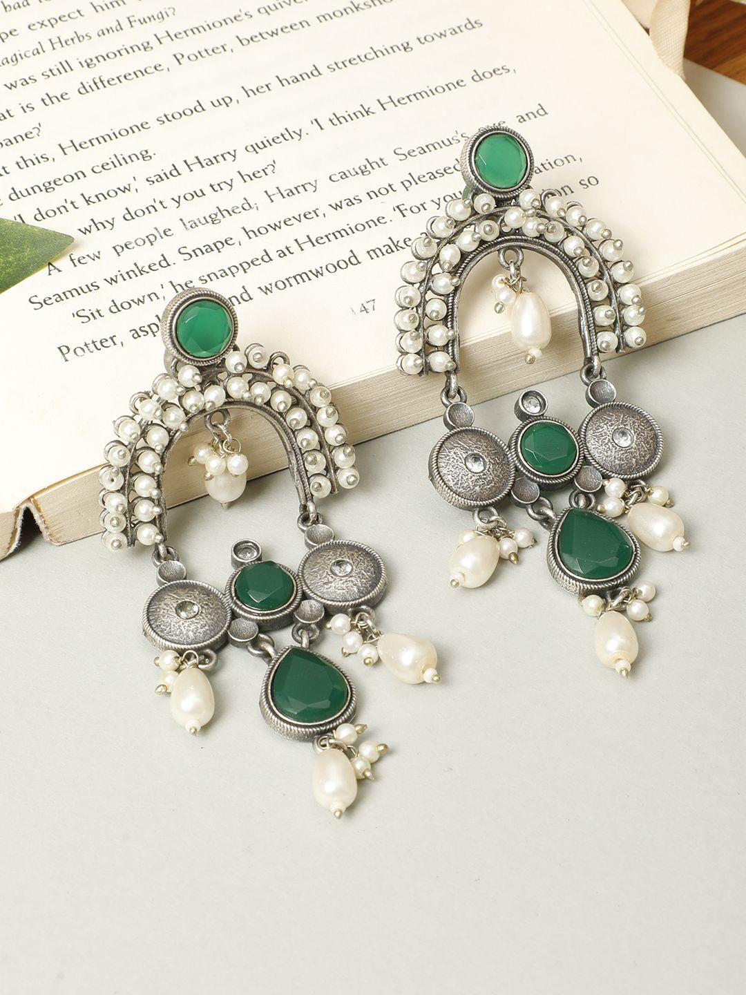 

VIVAZS Silver-Plated Oxidised Stone Studded & Beaded Drop Earrings