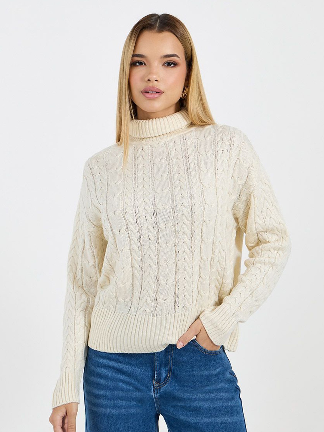 

Styli Women Turtle Neck Cable Knit Sweater, Off white