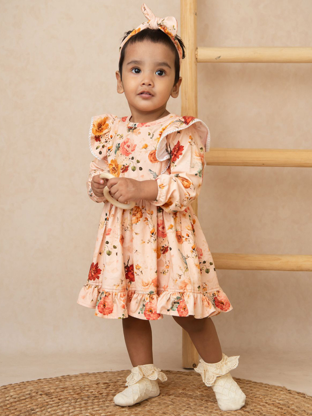 

COT & CANDY Girls Floral Printed Fit & Flare Knee Length Dress, Peach