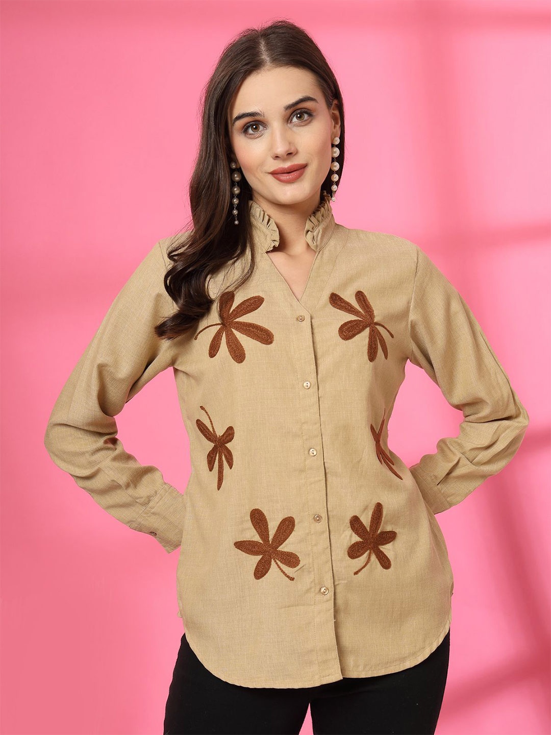 

plusS Women Band Collar Floral Printed Cotton Casual Shirt, Beige