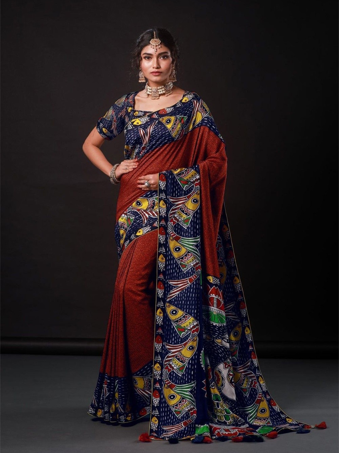 

House of Deepthi Women Madhubani Printed Saree With Blouse Piece, Navy blue