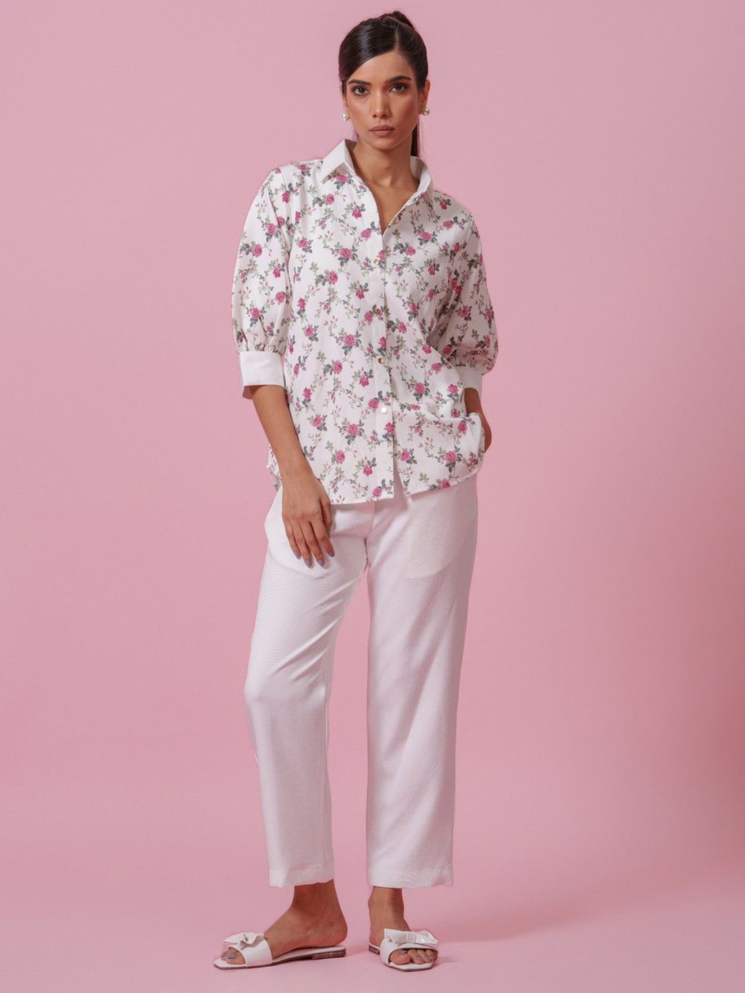 

KINA Printed Shirt Collar Three-Quarter Sleeves Shirt With Trouser, White