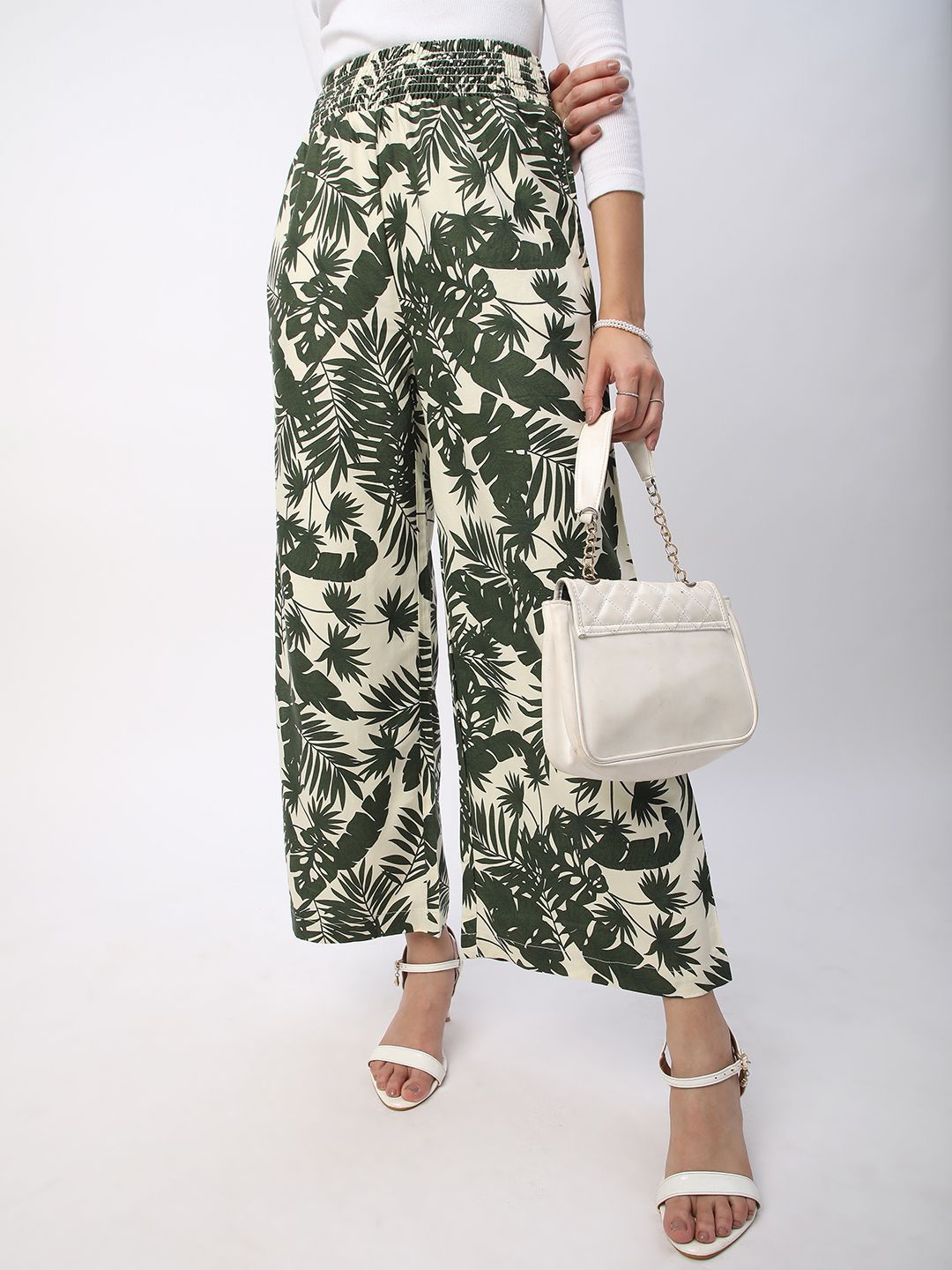 

Mystere Paris Women Tropical Printed Flared High-Rise Wide Leg Trousers, Off white