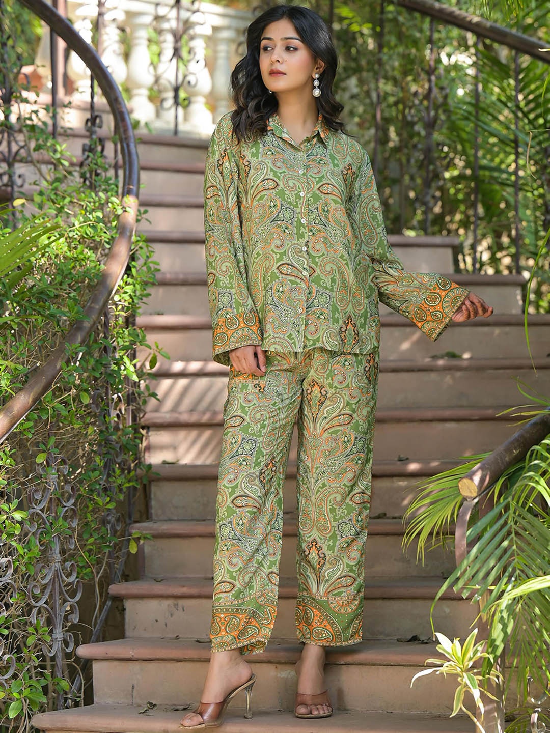 

Juniper Paisley Printed Shirt & Palazzo Co-Ord Set, Green