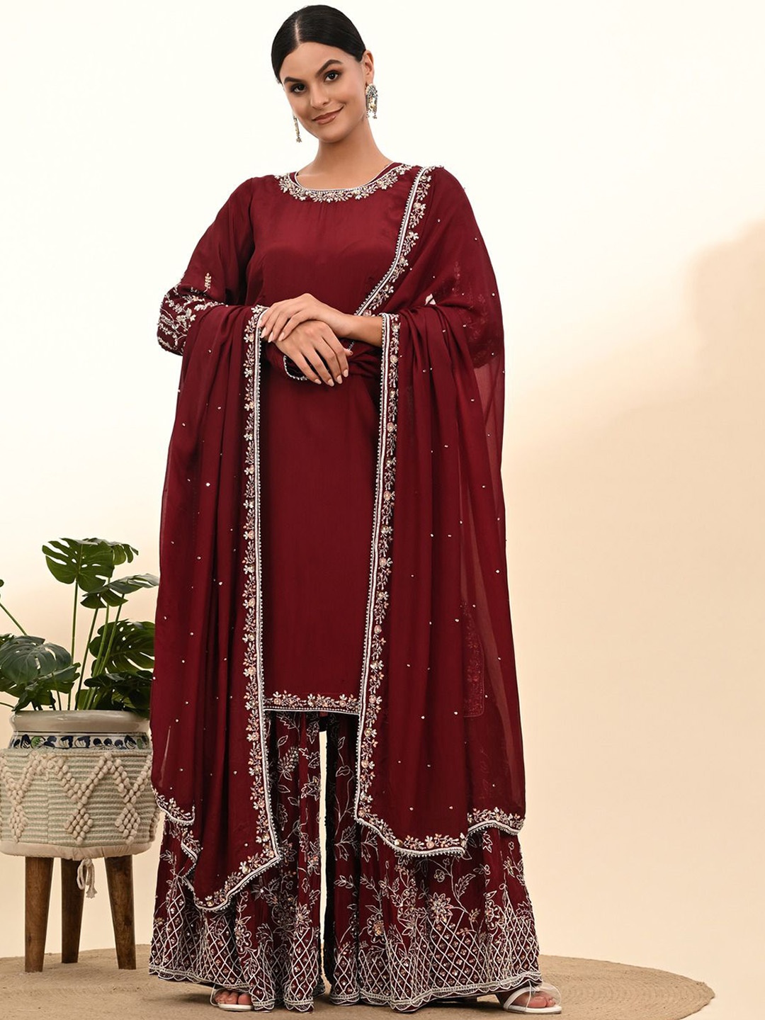 

ZARIKALI Women Embroidered Regular Beads and Stones Silk Crepe Kurta with Sharara & With Dupatta, Maroon