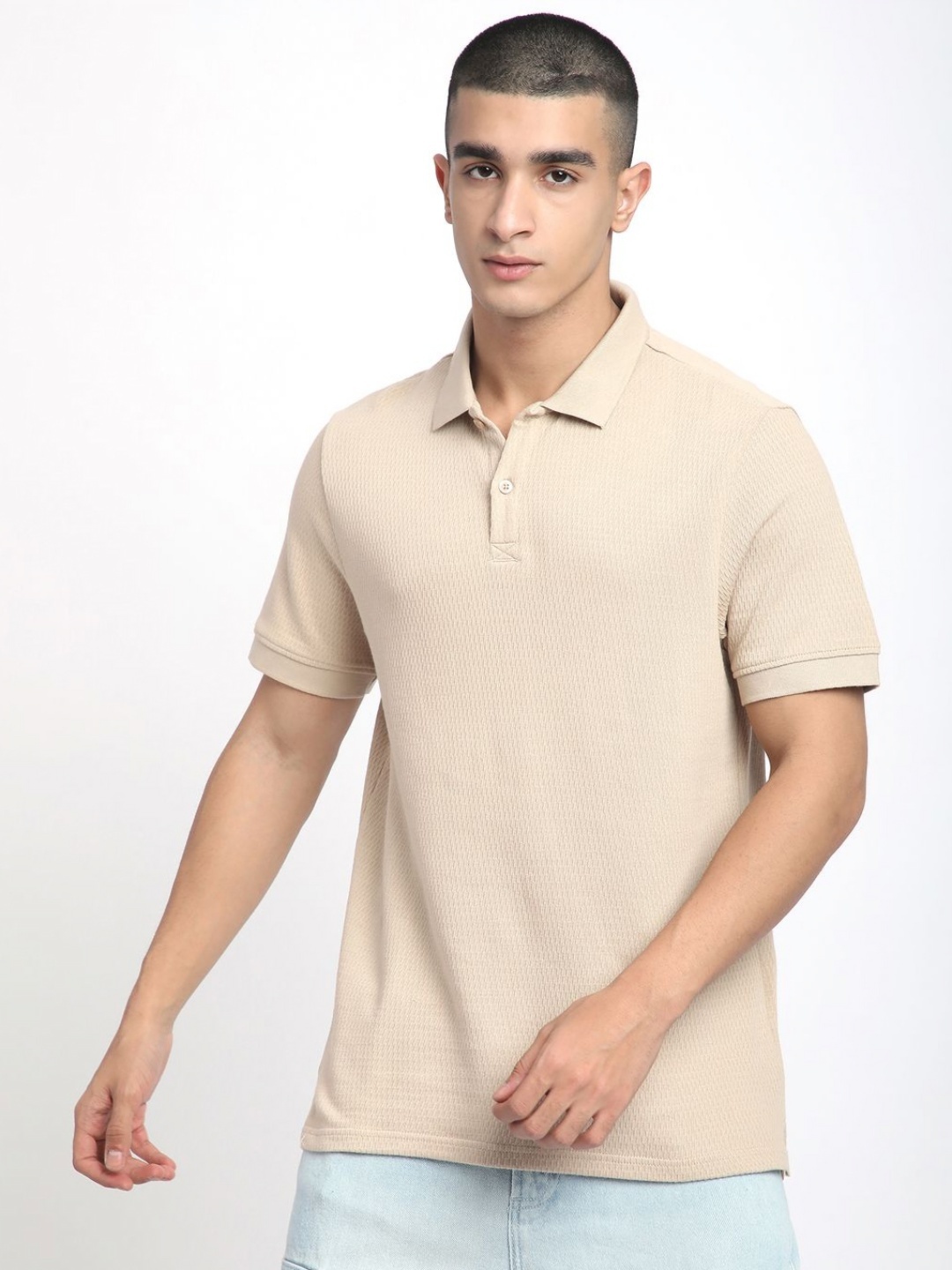 

R&B Men Self Design Polo Collar Cotton T-shirt, Beige