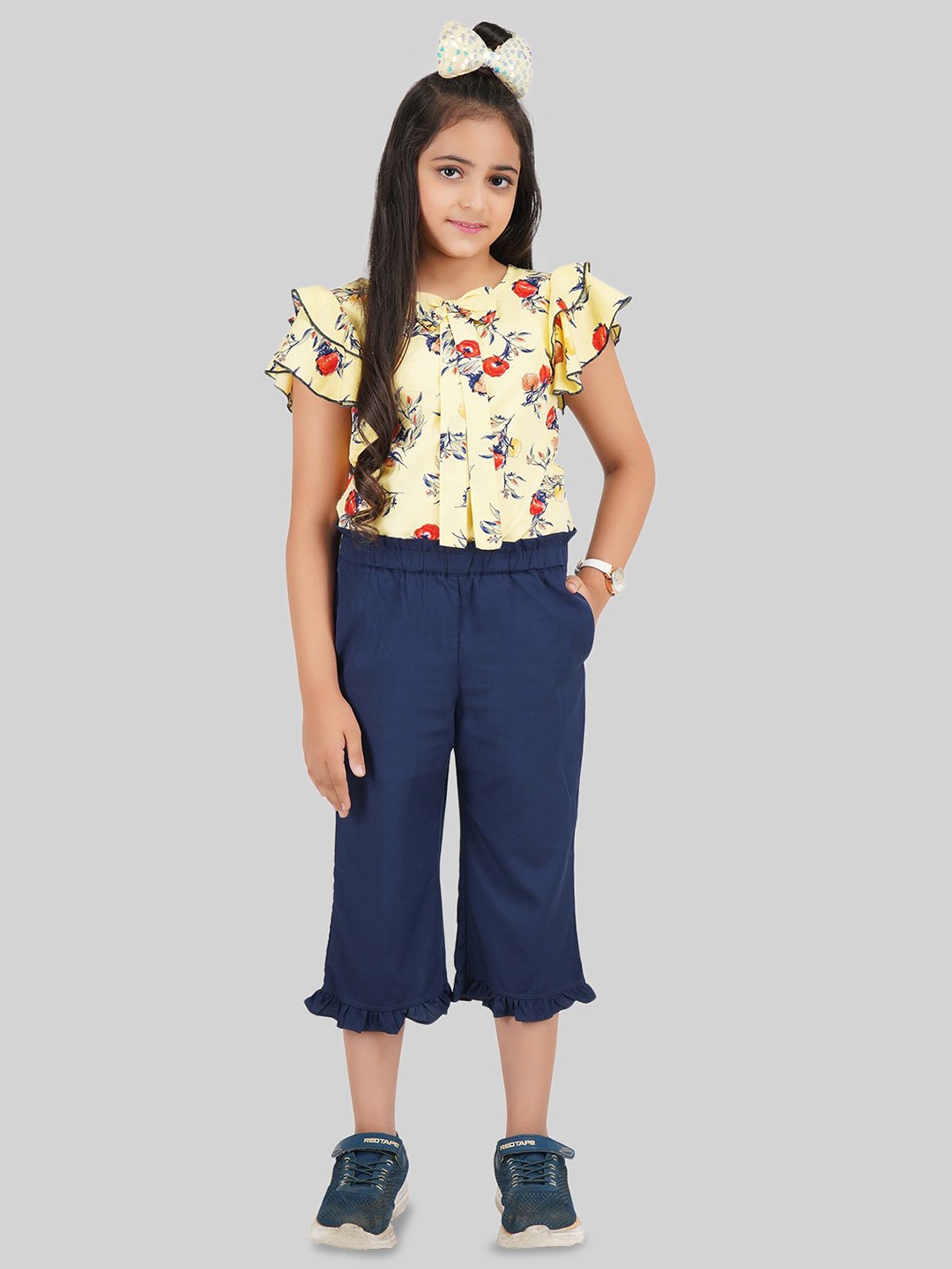 

BEING NAUGHTY Girls Printed Round Neck Short Sleeves Top With Capri, Cream