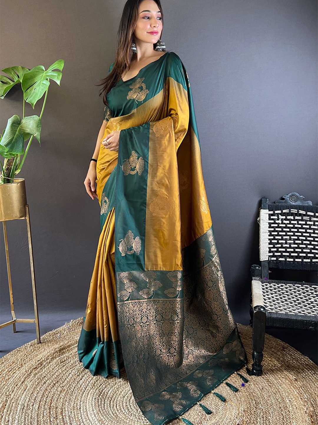 

Kalista Ethnic Motifs Zari Silk Blend Tussar Saree, Gold
