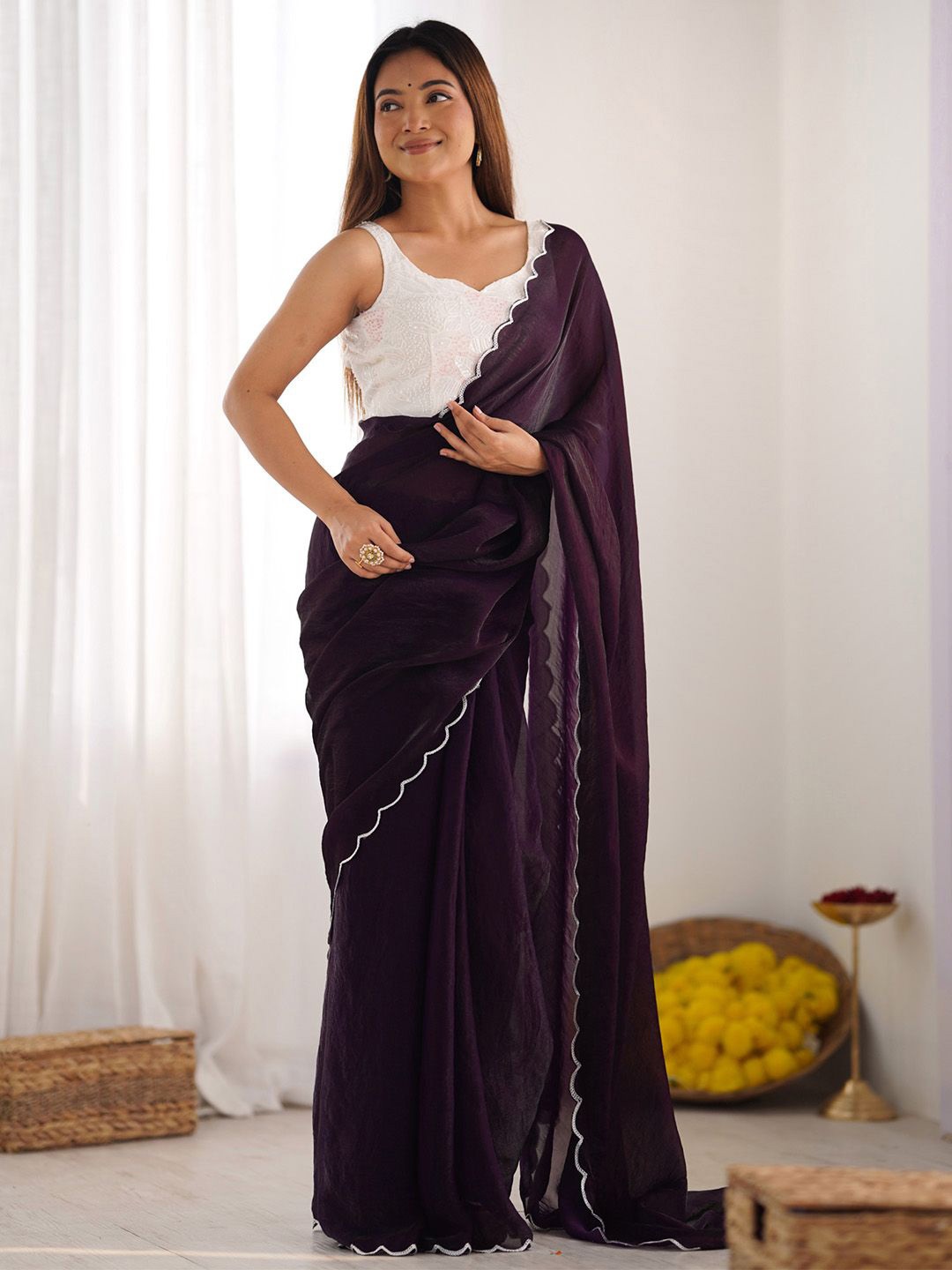 

Anouk Women Satin Ready to Wear Saree With Sequinned Border, Purple