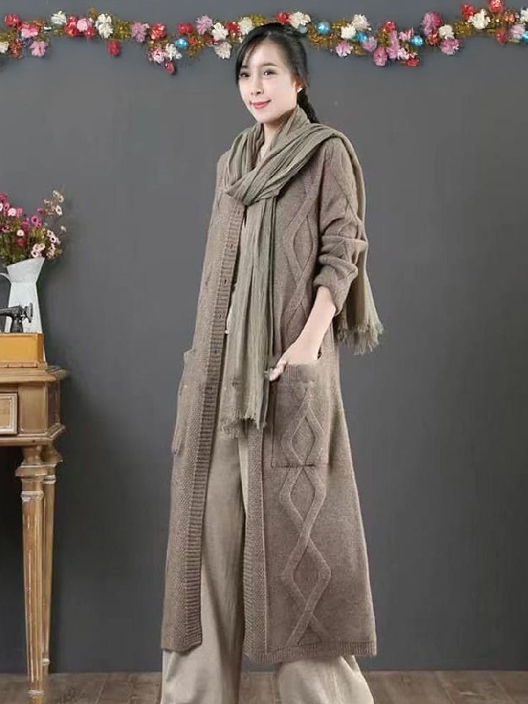 

StyleCast Women Cable Knit Self Design Longline Cardigan, Khaki