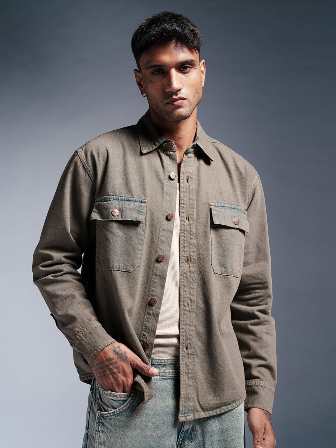 

FREAKINS Men Denim Jacket with Patchwork, Brown
