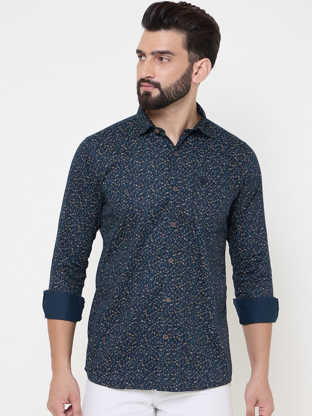 

Duke Men Spread Collar Floral Printed Cotton Slim Fit Casual Shirt, Navy blue