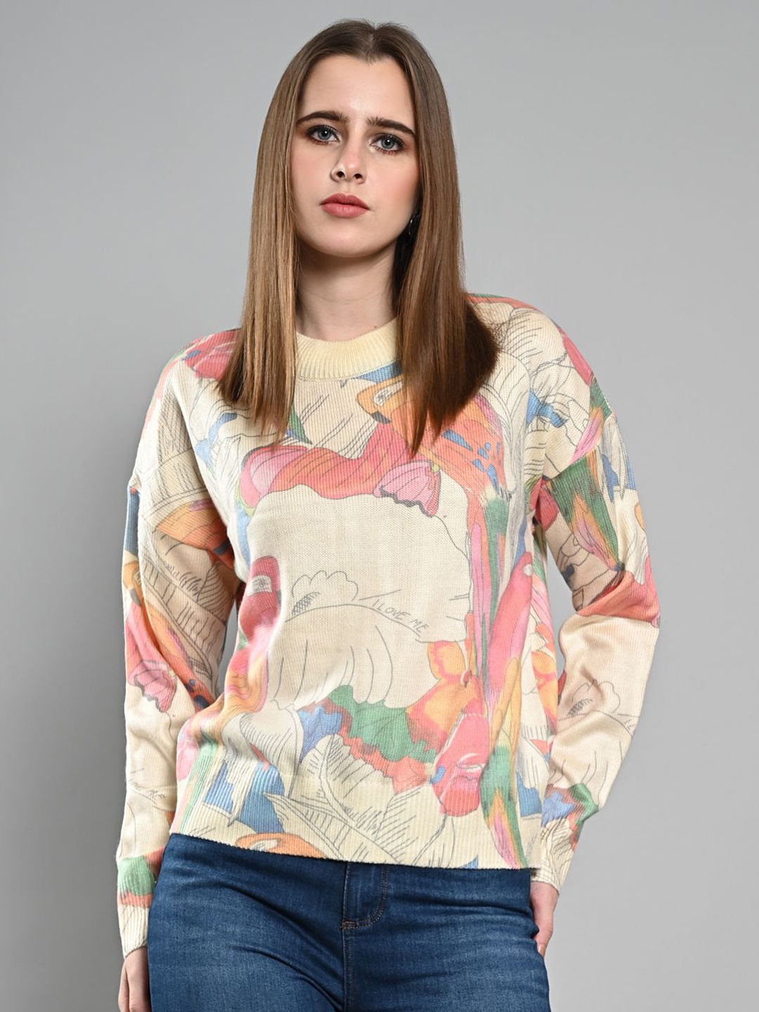 

IZEL Women Abstract Printed Cotton Pullover, Beige