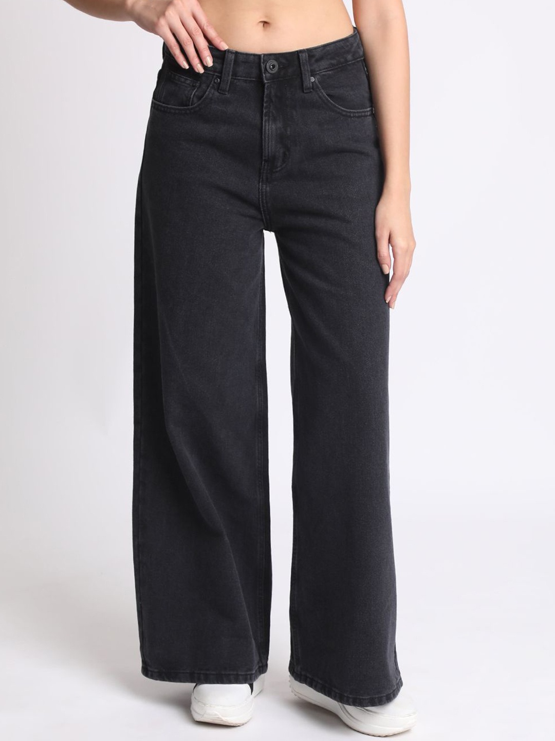 

The Roadster Lifestyle Co. Women Cotton Wide Leg High-Rise Jeans, Black