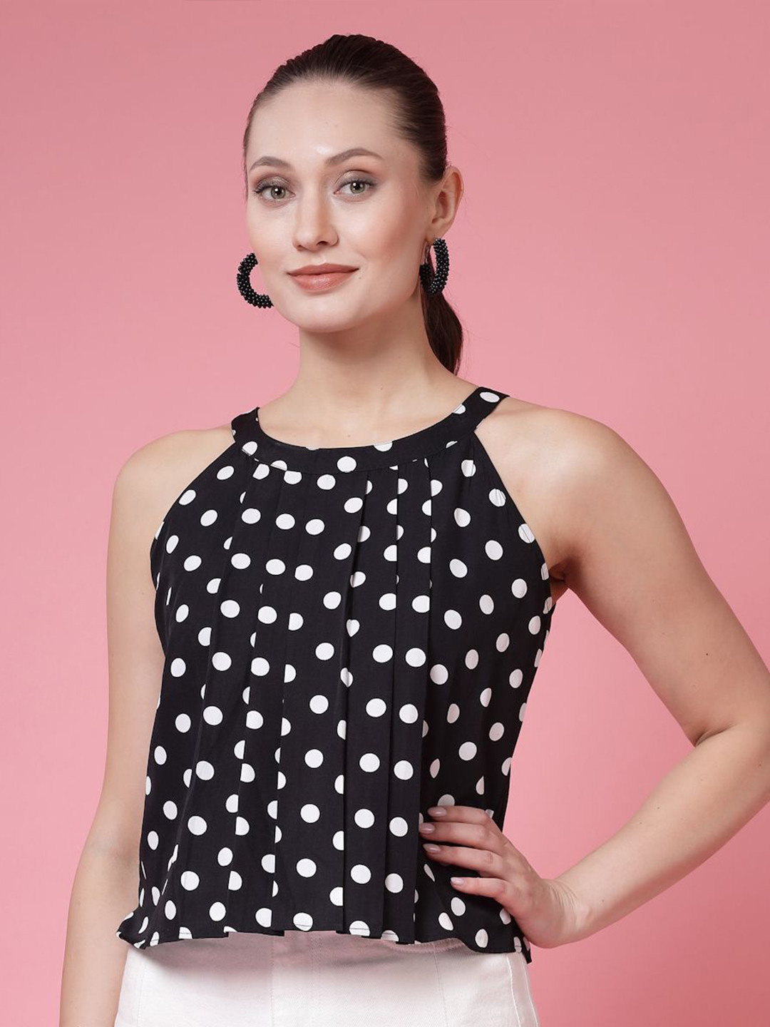 

BEING NAUGHTY Women Polka Dot Print Halter Neck Crop Top, Black