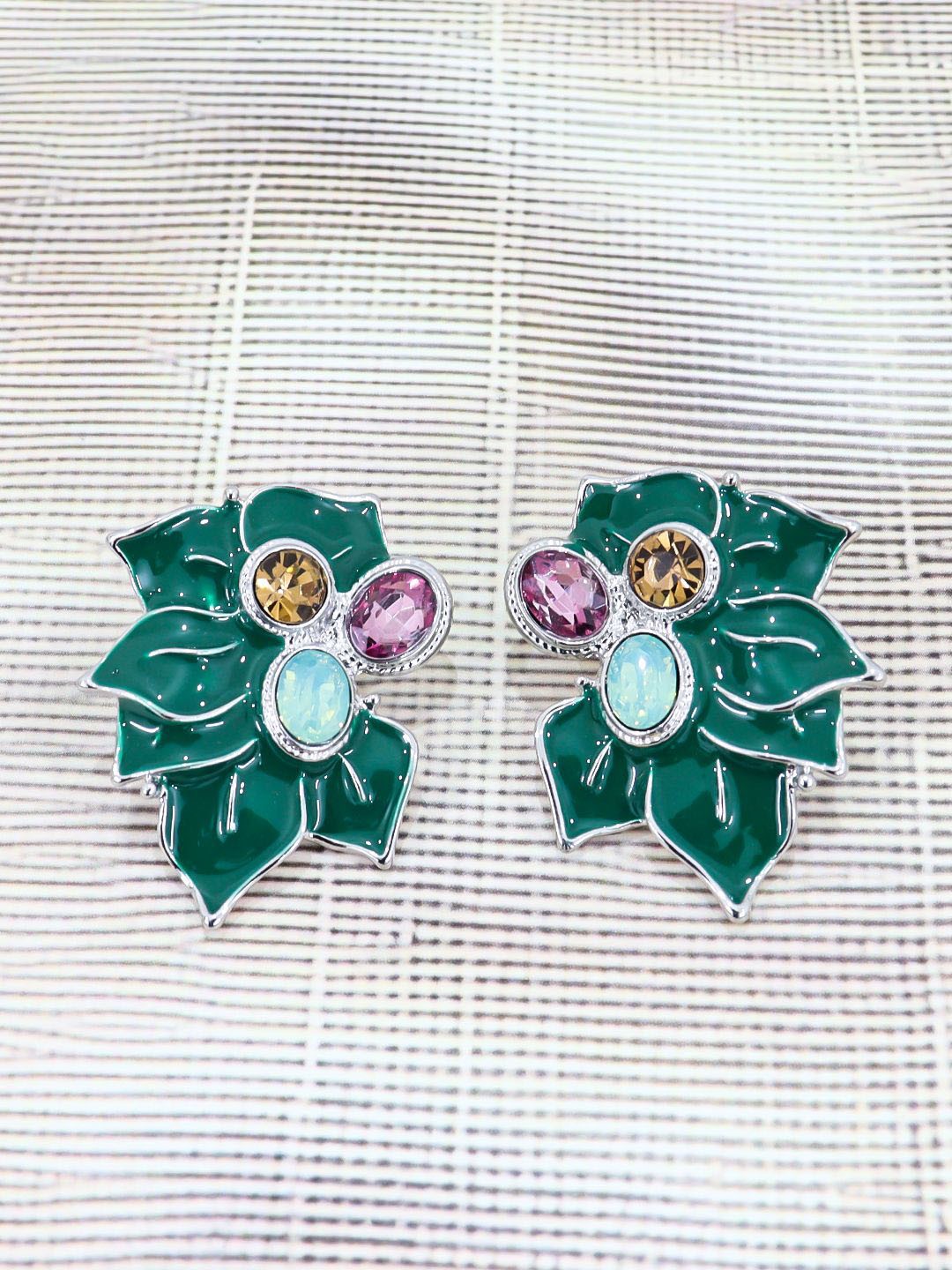 

FIMBUL Silver-Plated Floral Stainless Steel Rhinestone Studded Antique Studs, Green