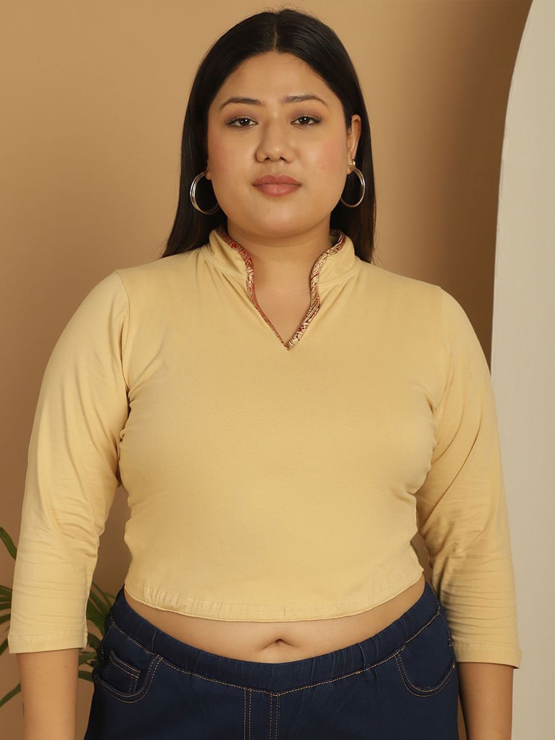 

theRebelinme Women Mandarin Collar Cotton Plus Size Fitted Crop Top, Yellow