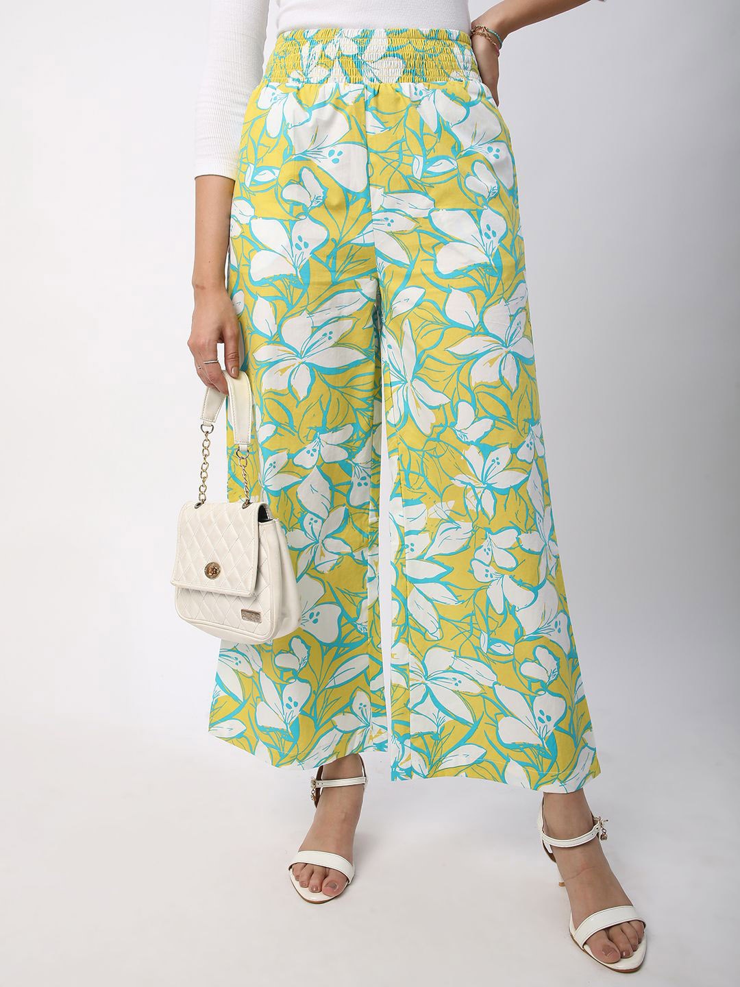 

Mystere Paris Women Floral Printed Cotton Flared High-Rise Trousers, Lime green