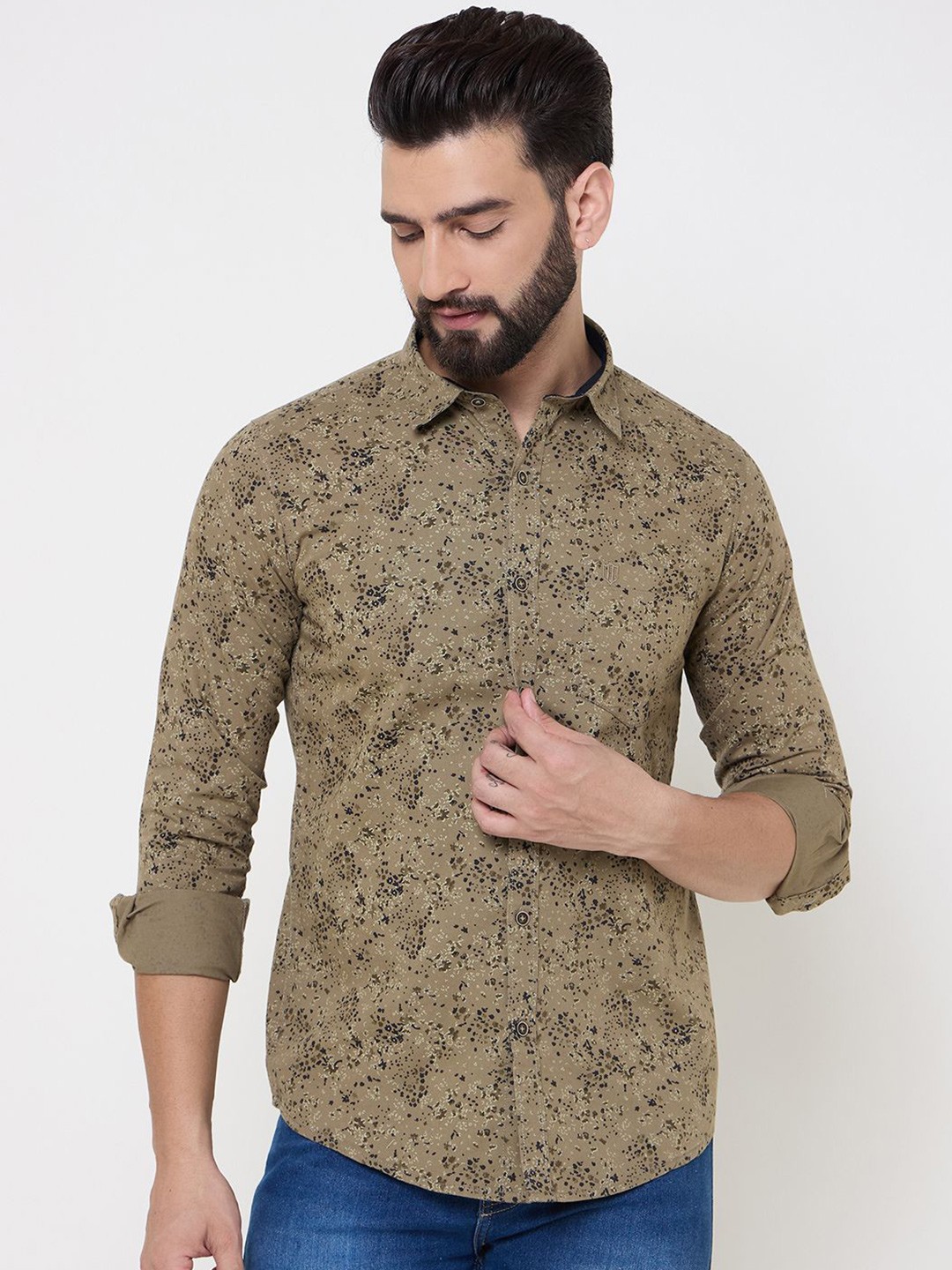 

Duke Men Spread Collar Floral Printed Cotton Slim Fit Casual Shirt, Green