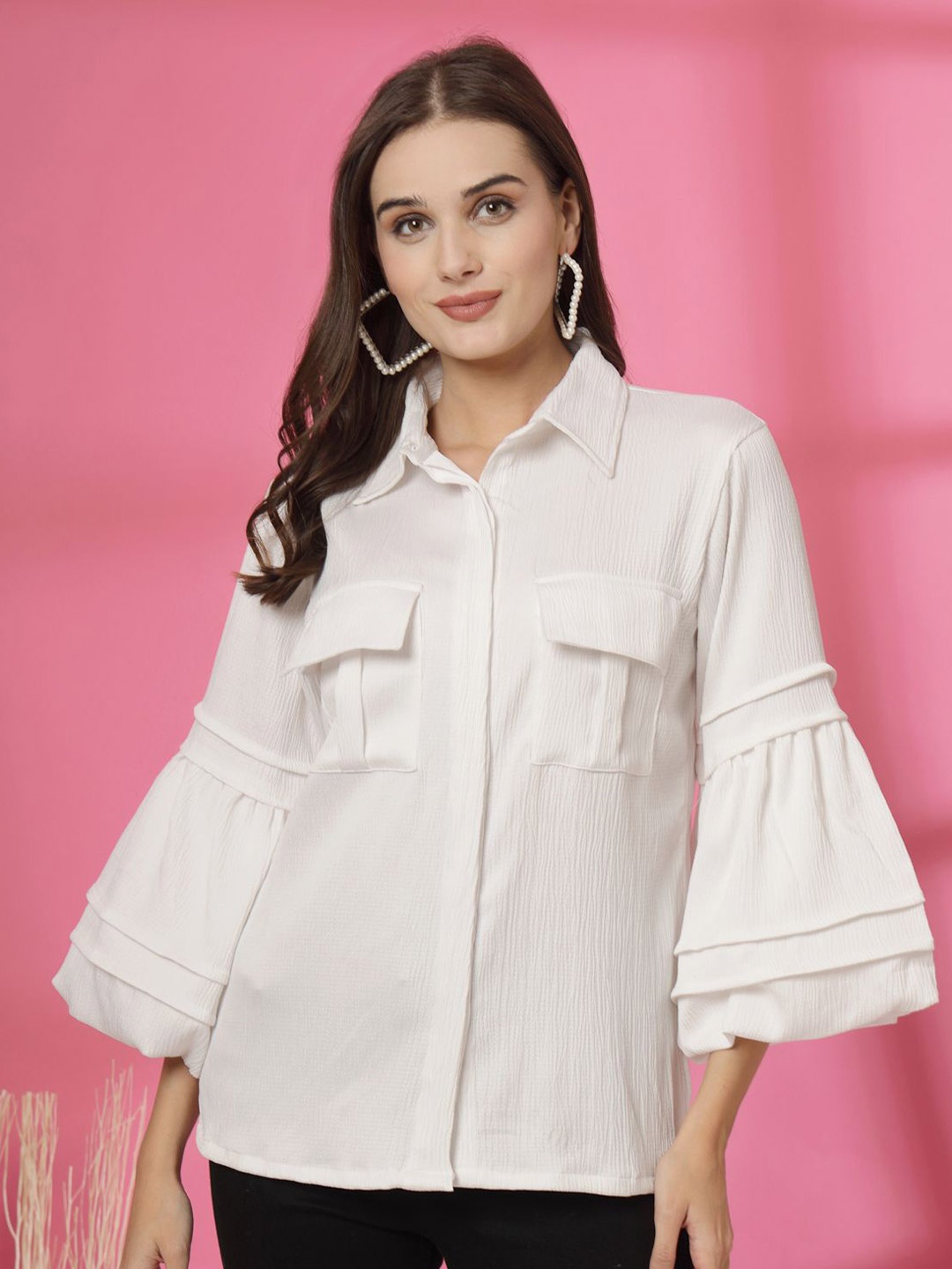 

plusS Women Spread Collar Textured Casual Shirt, White