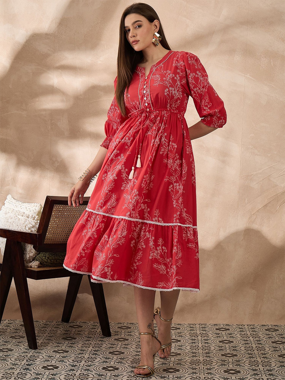 

all about you Women Printed Fit & Flare Maxi Dress, Red