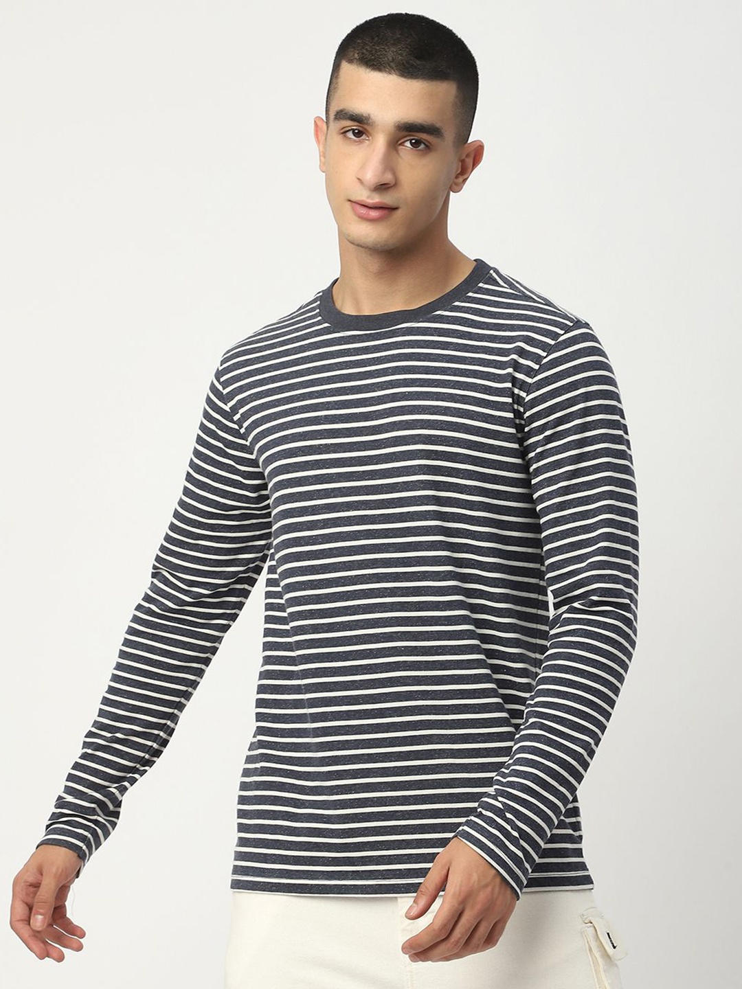 

R&B Men Striped Round Neck Cotton T-shirt, Grey