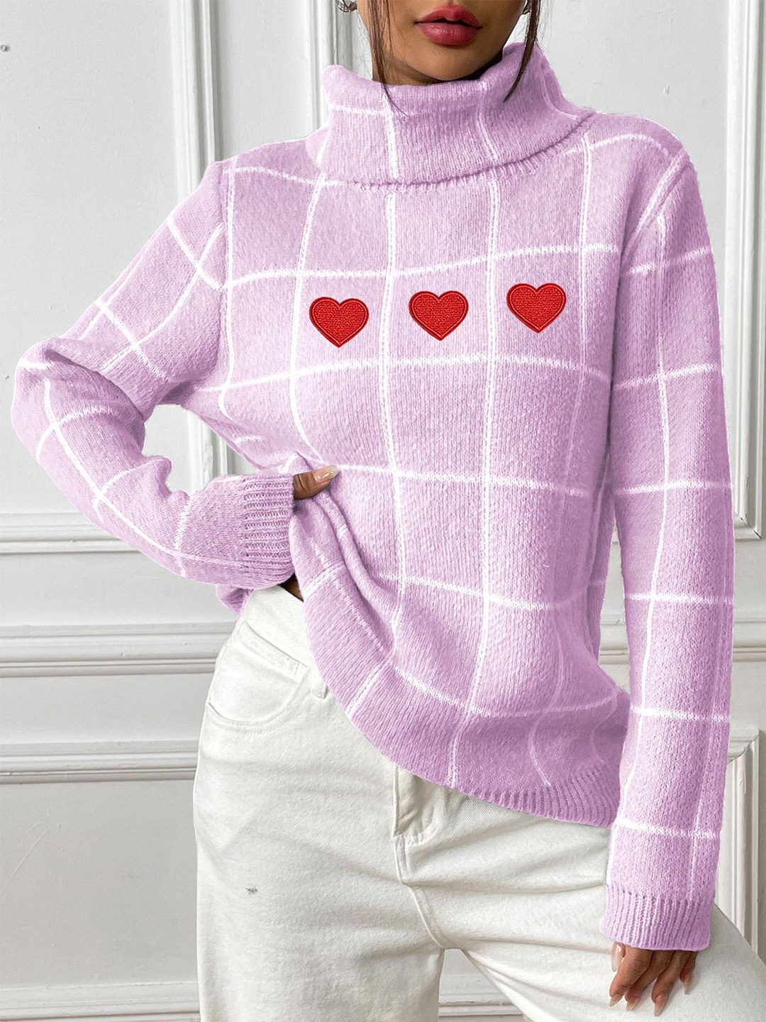 

StyleCast Women Checked Pullover with Applique Detail, Purple