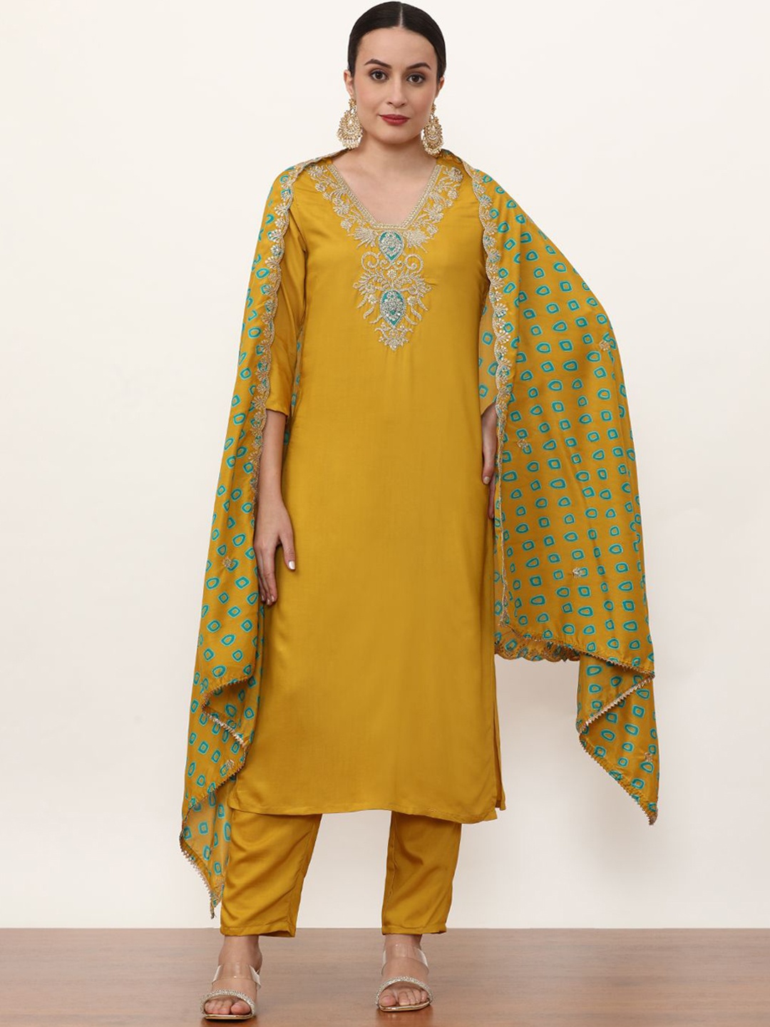 

Jaipur Kurti Women Ethnic Motifs Embroidered Regular Kurta with Trousers & With Dupatta, Mustard