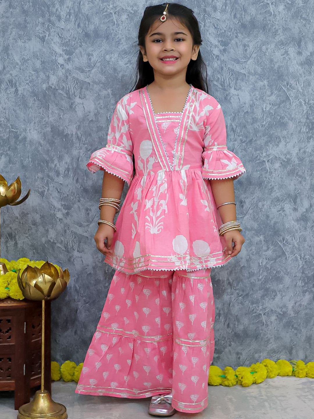 

UNBIND Girls Floral Printed Empire Gotta Patti Pure Cotton Kurta with Sharara, Pink