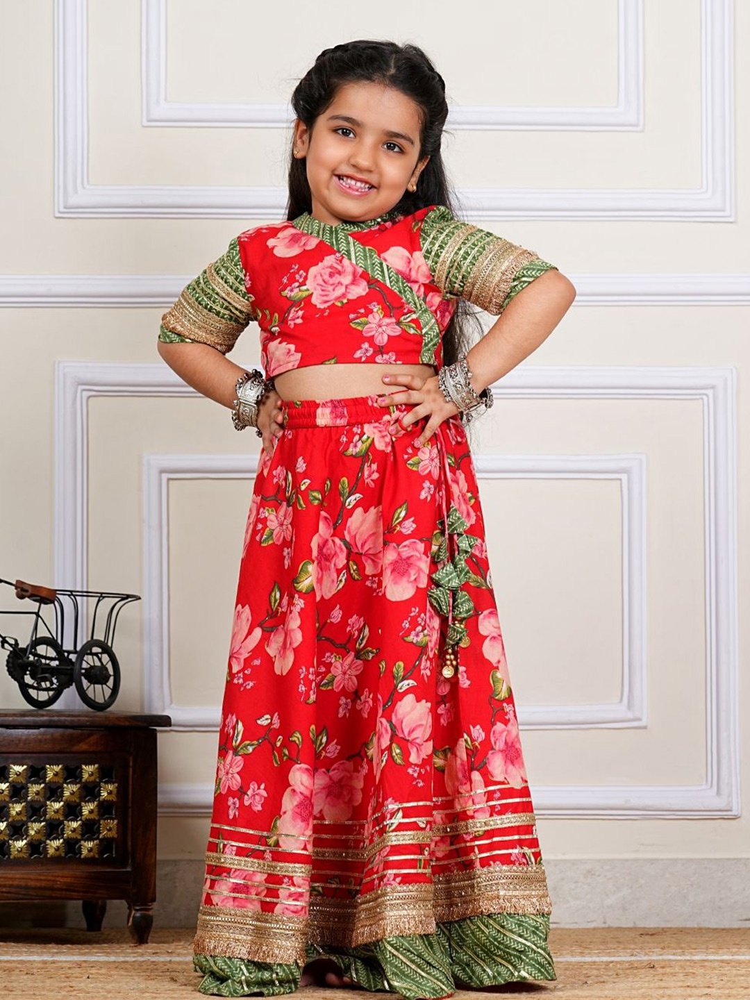 

COTLAND FASHION Girls Printed Cotton Ready to Wear Lehenga & Choli, Red