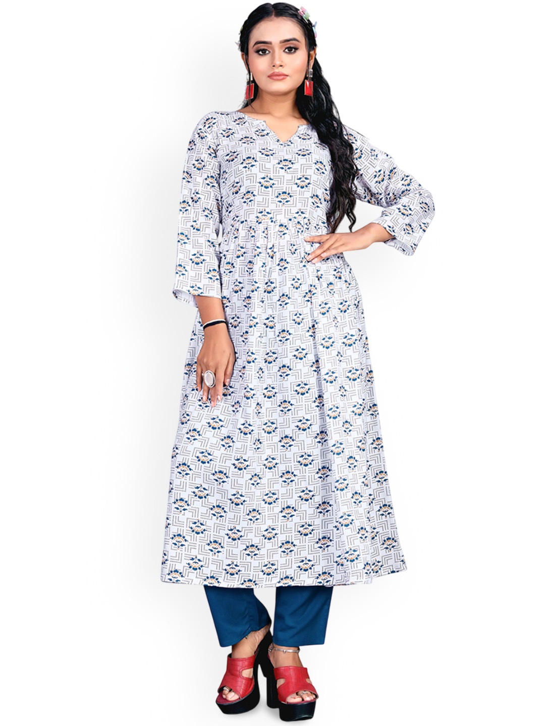 

RUNAYA NX Floral Printed V-Neck Regular A-Line Kurta with Trousers, Navy blue