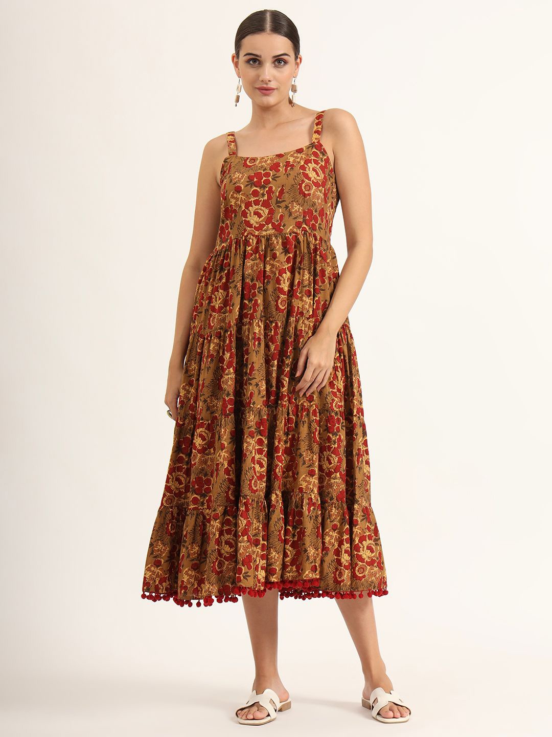 

BAESD Women Cotton Floral Printed Shoulder Straps Pom-Pom Detail Fit & Flare Maxi Dress, Brown