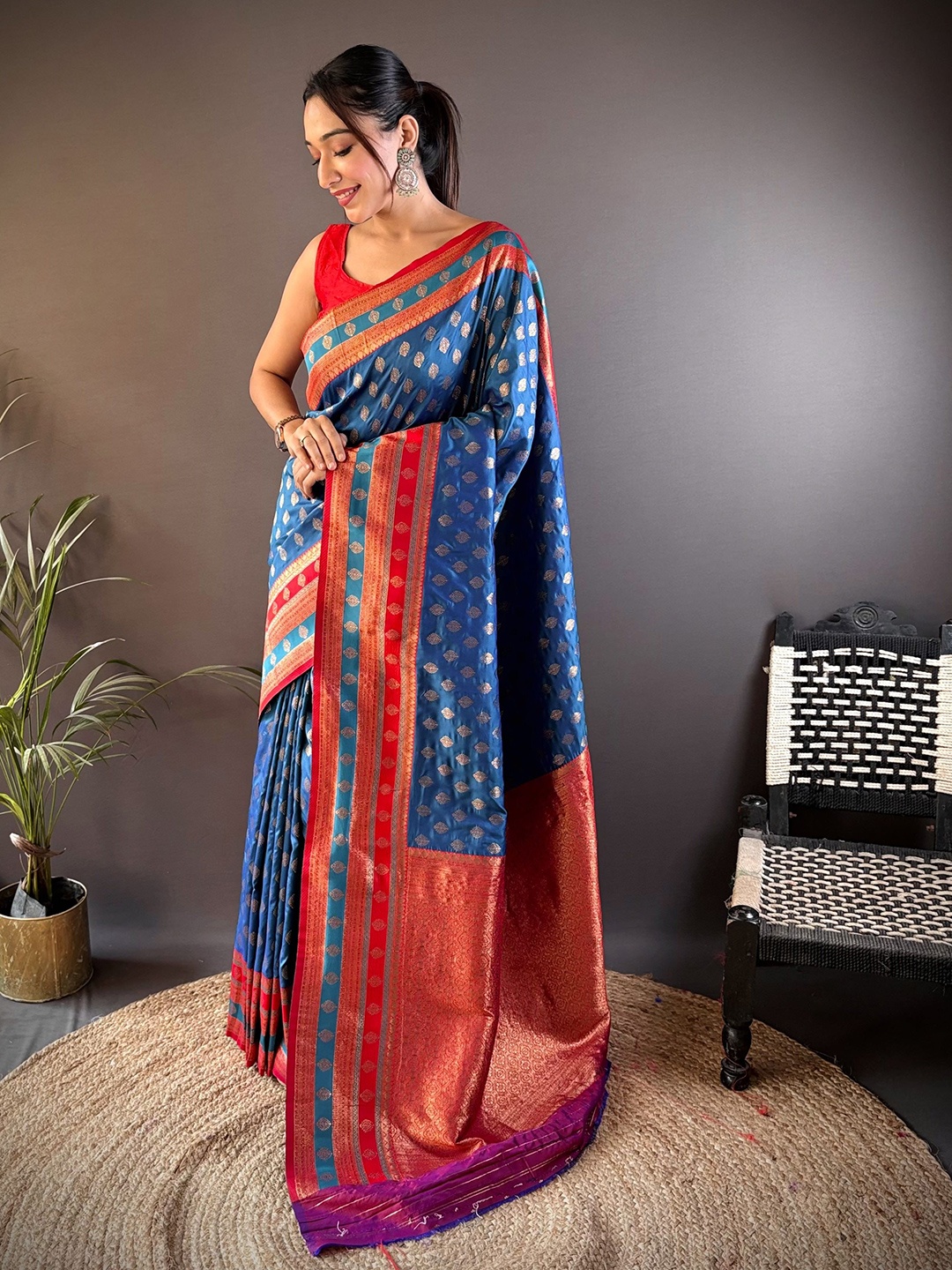 

RAJ DHARMA SILK Woven Design Banarasi Saree, Blue