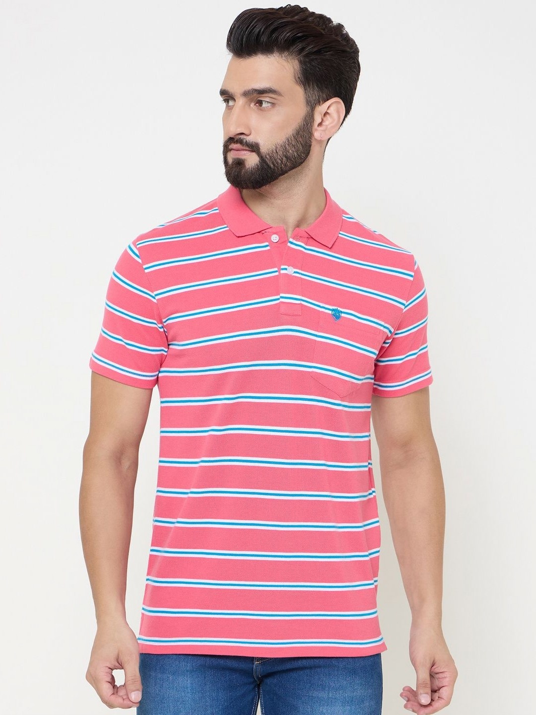 

Duke Men Striped Polo Collar Cotton T-shirt, Pink