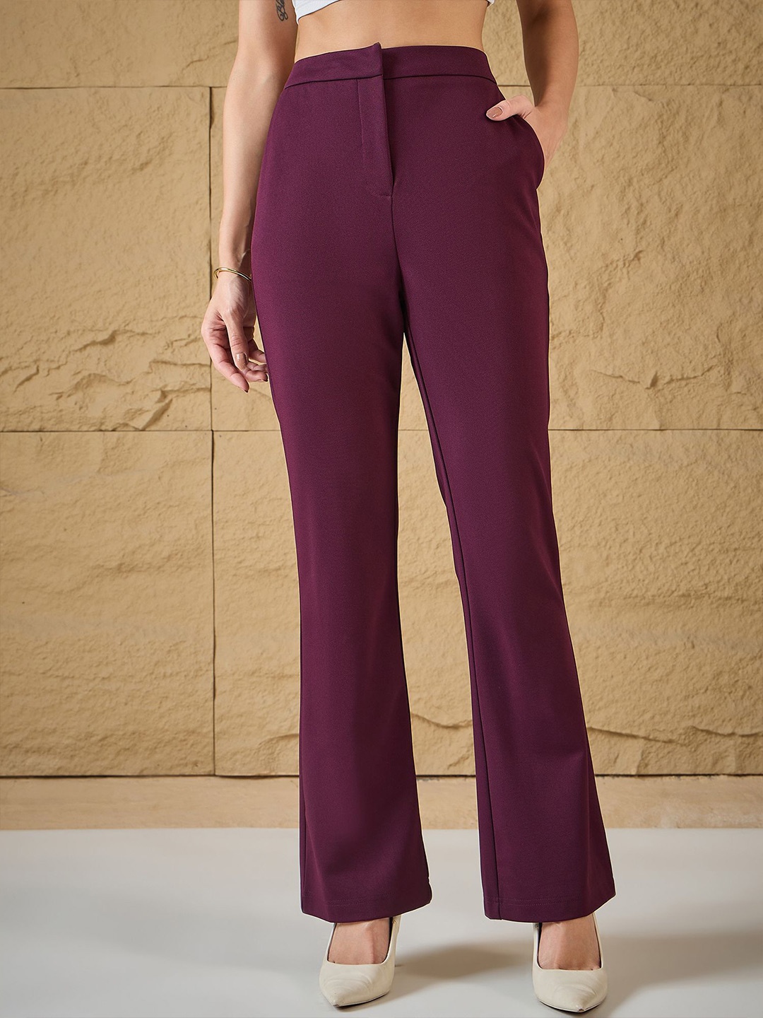 

MAGRE Women Relaxed Fit High-Rise Trousers, Burgundy