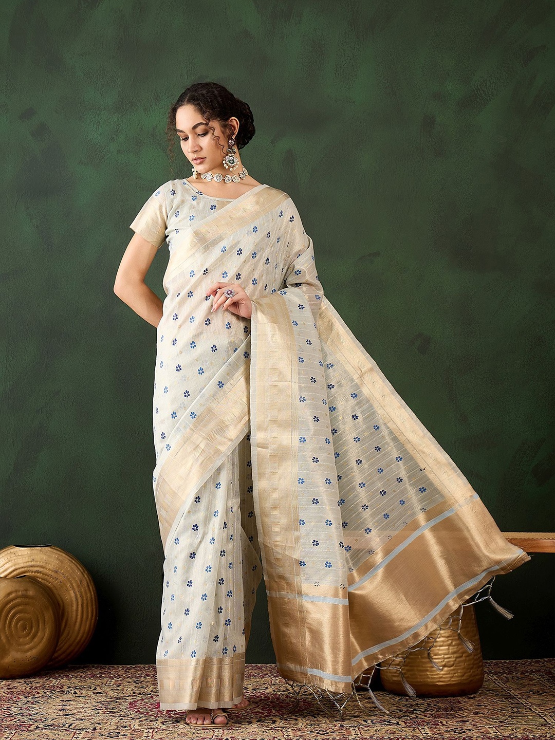 

Kalista Floral Zari Organza Saree, Blue